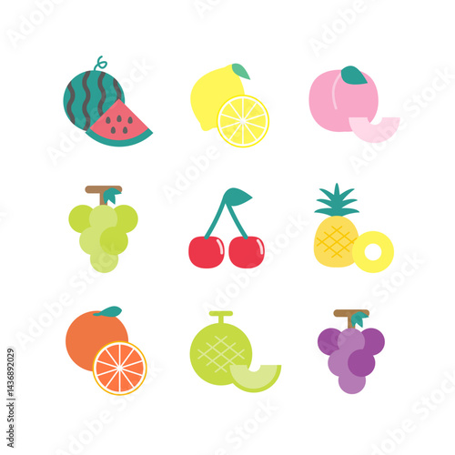 夏のフルーツアイコンコレクション：カラフルでシンプルなベクターイラスト - Summer Fruits Icon Collection: Colorful and Simple Vector Illustrations