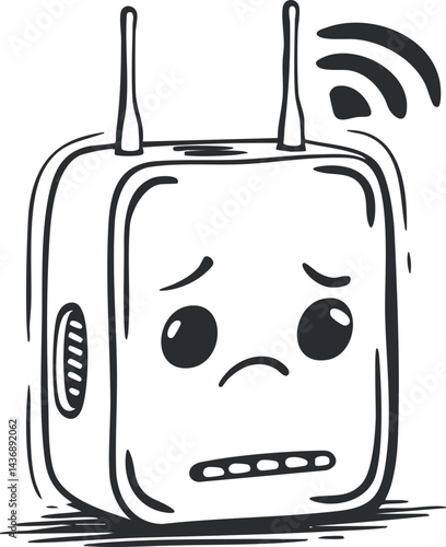 Black and white illustration of a sad wifi router with signal waves and facial expression
