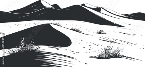 Black and white illustration of desert sand dunes with sparse grass and shadows in a dry landscape