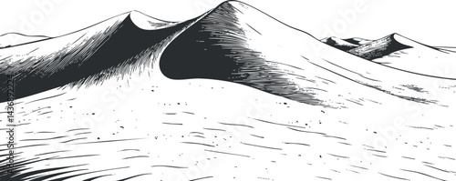 Black and white sketch of desert sand dunes with shadows highlighting natural contours