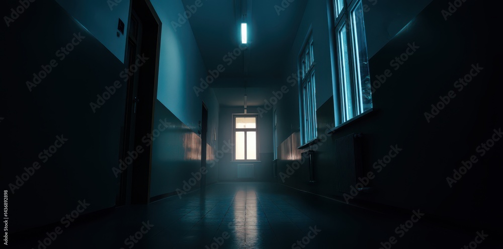 A dark corridor in the hospital, with a night light from a single window A dark corridor in the hospital, with a night light from a single window