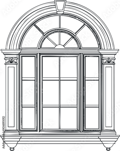 Black and white illustration of a classic arched window with decorative frame and glass panes