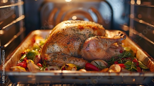 A golden-brown turkey roasting in an oven