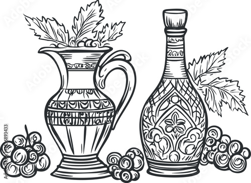 Black and white line art illustration of ornate jug and decorative bottle with grape clusters and leaves