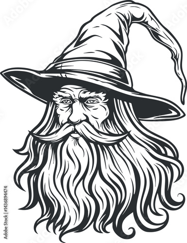 Black and white illustration of a wise old wizard with a long beard and pointed hat