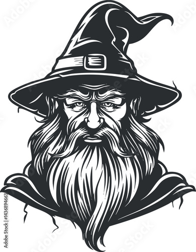 Black and white illustration of a mystical wizard with a long beard wearing a pointed hat and cloak
