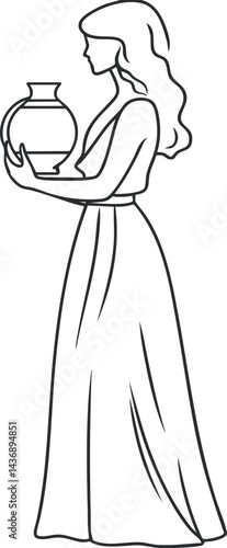 Side view line art illustration of a woman in a long dress holding a pottery jug or vase