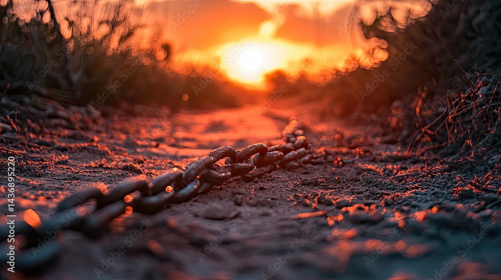 A stunning image of closeup view of shattered and broken chains lying on a dirt path, beautifully illuminated by a vibrant sunset. A stunning image of closeup view of shattered and broken chains lying on a dirt path, beautifully illuminated by a vibrant sunset.