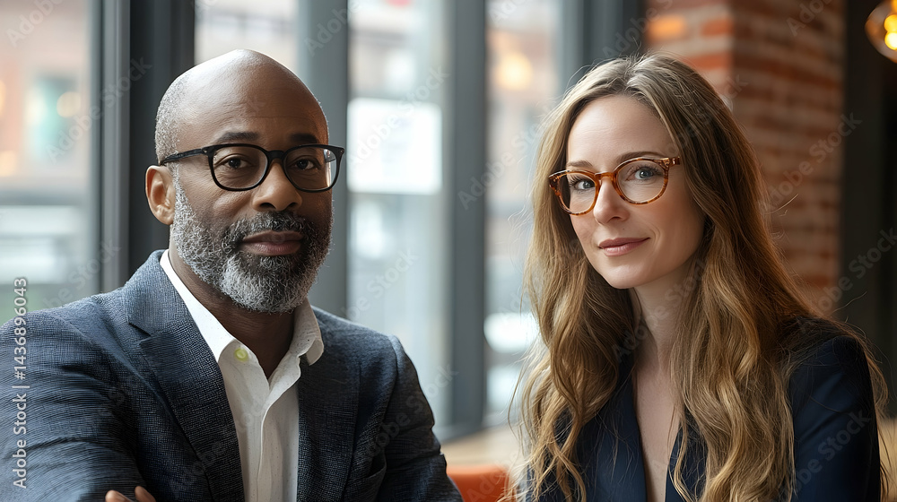 Business professionals, serious yet approachable, in a cafe setting. Business professionals, serious yet approachable, in a cafe setting.