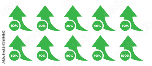 Set green of 1-100% Arrow icons. business Increase  Nature and Environmental Conservation Icon .