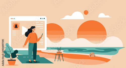 Young woman creating online video content by the seaside during a beautiful sunset moment with nature and technology blending perfectly