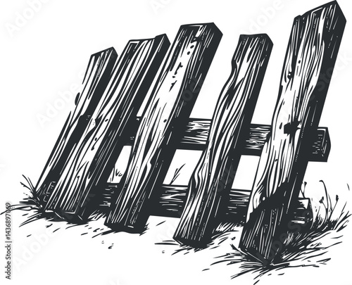 Rustic wooden fence made from rough planks leaning at an angle outdoors on grass