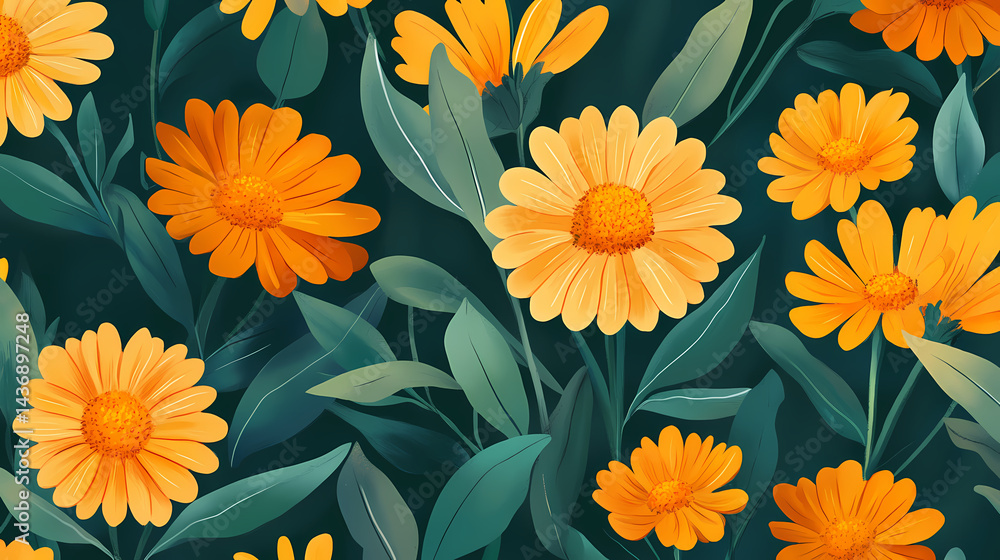 Calendula flat illustration icons, calendula infinite pattern. Infinity Bloom. Illustration Calendula flat illustration icons, calendula infinite pattern. Infinity Bloom. Illustration