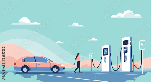 Woman arriving at modern electric vehicle charging station under a clear sky, preparing to recharge her eco-friendly car during a road trip