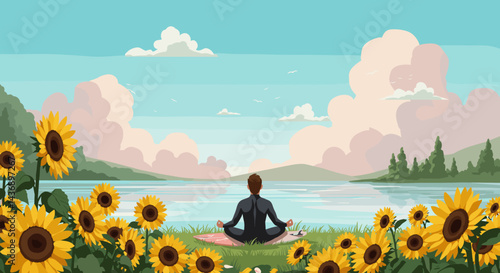 A person practicing peaceful meditation by a serene lake surrounded by vibrant sunflowers under a bright blue sky with fluffy clouds