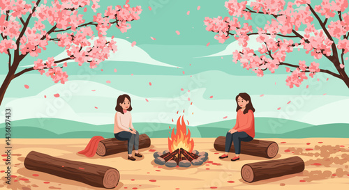 Two women enjoying a peaceful spring afternoon sitting around a campfire under blooming cherry blossom trees with petals falling gently