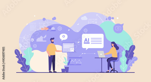 Teamwork between man and woman using artificial intelligence technology for data analysis and digital content creation in a modern workspace with abstract background elements