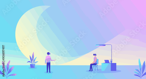 Two people using virtual reality headsets in a futuristic pastel-colored office environment with a dreamy crescent moon and plants in the background