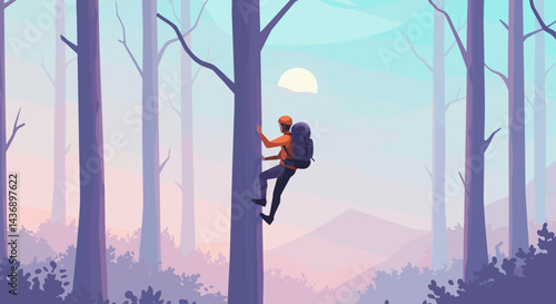 An adventurous climber with a backpack scales a tall tree in a misty forest during a serene sunrise, surrounded by soft pastel tones