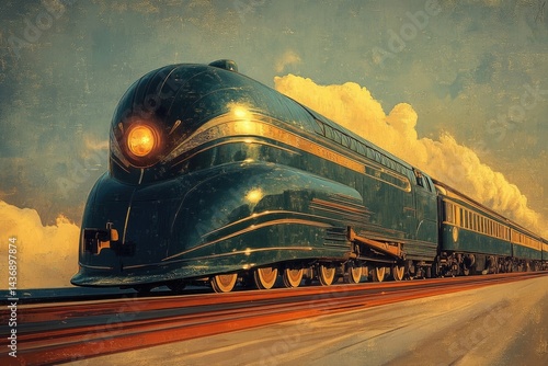 A majestic, vintage streamlined train speeds across the landscape under a dramatic sky.