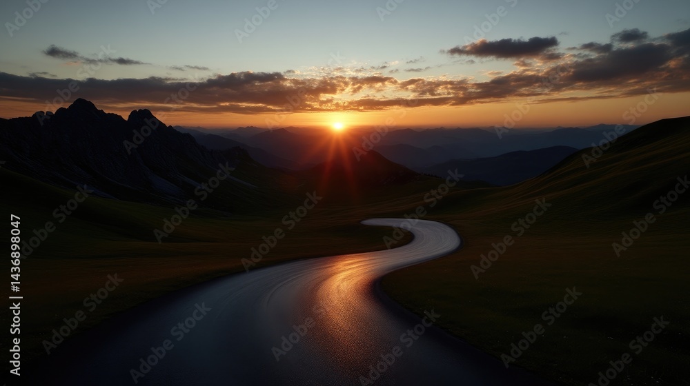 Fototapeta premium Winding road through mountains at sunset. A picturesque, sweeping road winds its way through a valley nestled among dramatic mountain peaks.