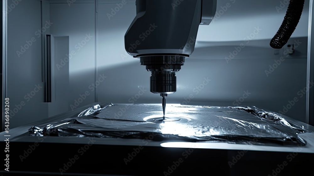 A stunning image of automatic coordinate measurement machine (CMM) used for inspecting a high-precision engine block while in operation. A stunning image of automatic coordinate measurement machine (CMM) used for inspecting a high-precision engine block while in operation.