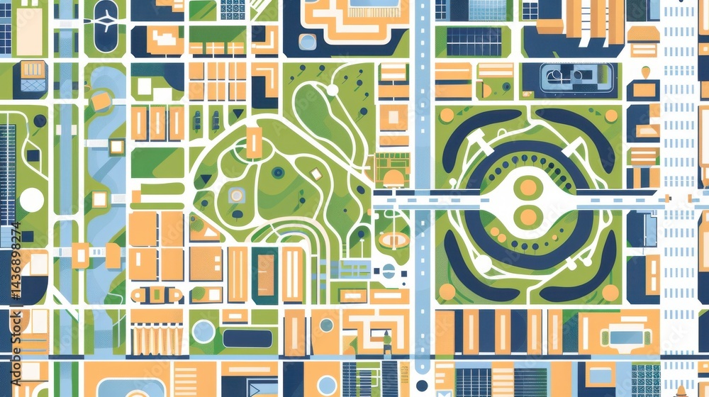 Geometric downtown map with clean layout shows simplified building blocks and organic park spaces in a flat design style. Geometric downtown map with clean layout shows simplified building blocks and organic park spaces in a flat design style.