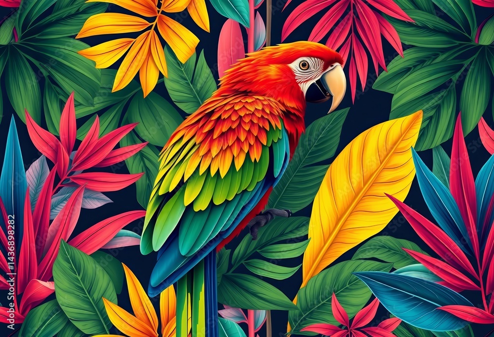 Fototapeta premium Abstract parrot & tropical plant seamless pattern Bold colors, exotic shapes, modern art style, stylish, graphic