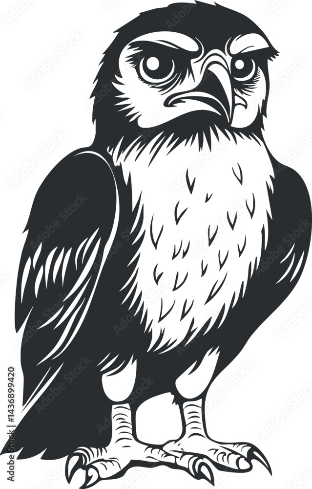 Black and white vector illustration of a fierce falcon bird with sharp beak and claws Black and white vector illustration of a fierce falcon bird with sharp beak and claws