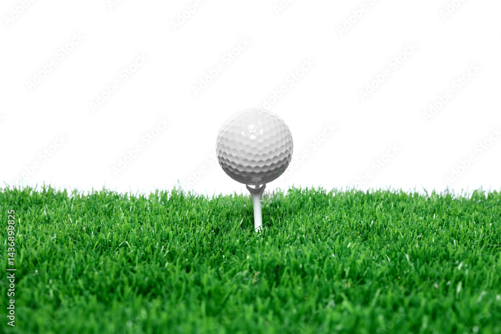 Golf ball, tee and green grass against white background Golf ball, tee and green grass against white background
