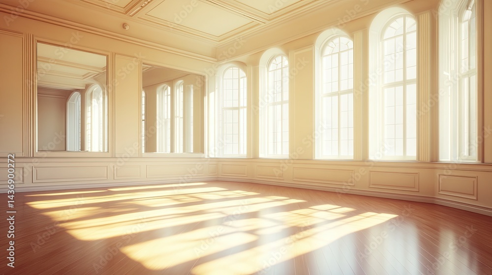 Obraz premium A stunning image of empty classical dance hall with mirror, sunlight from windows. Ballet class.