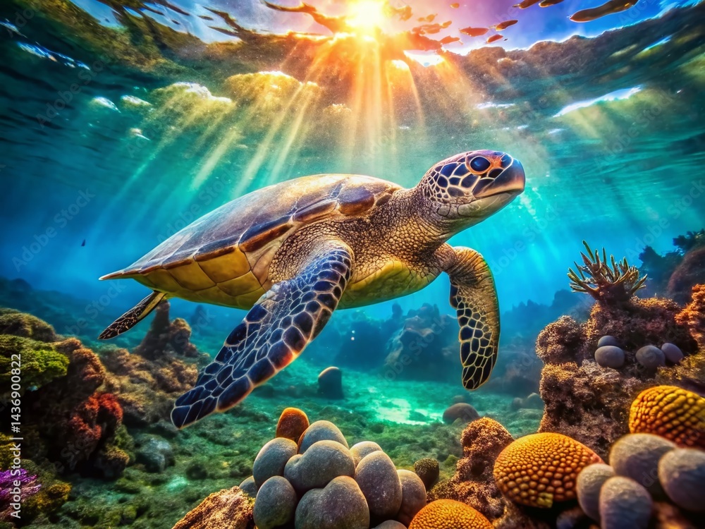 Fototapeta premium Hawaiian Green Sea Turtle in Vibrant Coral Reef with Bokeh, Underwater Wildlife Photography