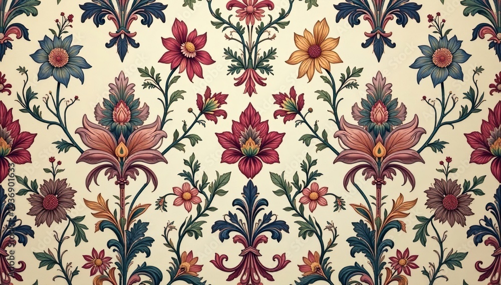 Fototapeta premium Intricate floral damask pattern in muted tones, graphic, beige, ornament