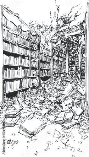 Black and white line art illustration of an abandoned library filled with broken books and debris scattered on the floor.