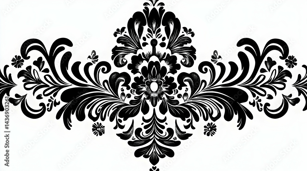 Ornate black and white decorative design with symmetrical floral patterns. Ornate black and white decorative design with symmetrical floral patterns.