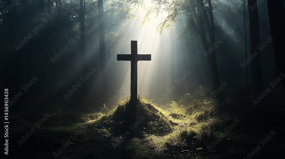 Naklejka premium Cross silhouette in forest with sun rays shining through the trees in a mystical scene
