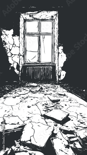 Black and white illustration of a broken window in a deteriorated abandoned room with peeling walls and cracked floor