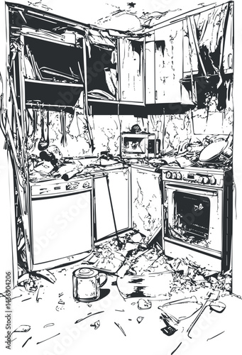 Black and white illustration of a messy, cluttered kitchen with dirty appliances and scattered trash on the floor.
