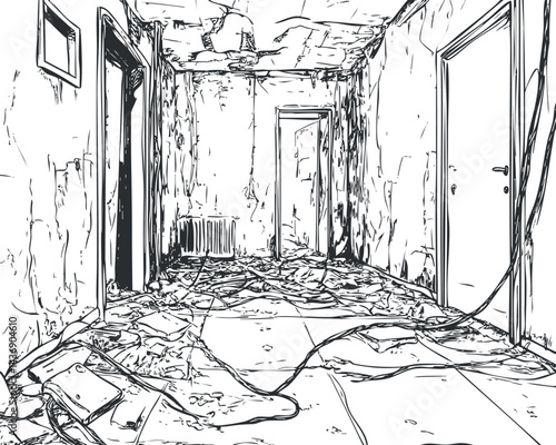 Abandoned and damaged hallway interior with peeling walls, broken ceiling, and scattered debris