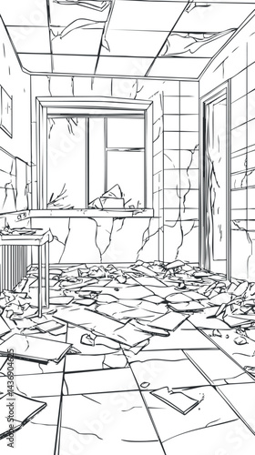 Interior of an abandoned room with cracked walls, broken ceiling tiles, debris, and damaged window.