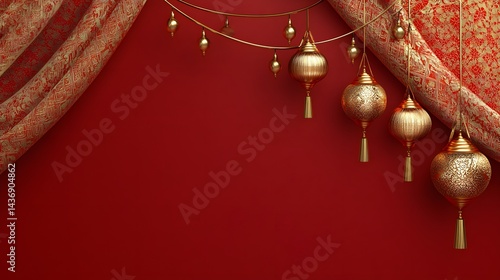 Ornate golden lanterns hanging against a rich red textured background with elegant draped red and gold curtains for festive celebration concept