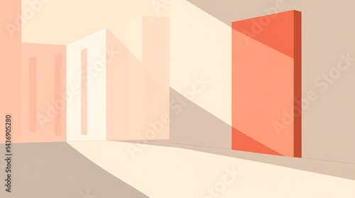 Abstract minimalist interior architectural space with sunlight casting long shadows featuring clean geometric shapes and warm coral tones illustration