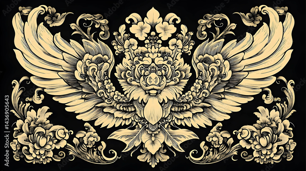 Intricate decorative design featuring stylized wings and floral motifs. Intricate decorative design featuring stylized wings and floral motifs.