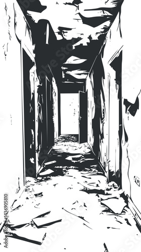 Black and white illustration of a long abandoned dilapidated hallway with peeling walls and debris on the floor