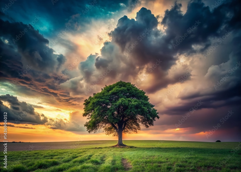 Fototapeta premium Lone Tree in Cloudy Field - Dramatic Landscape Stock Photo