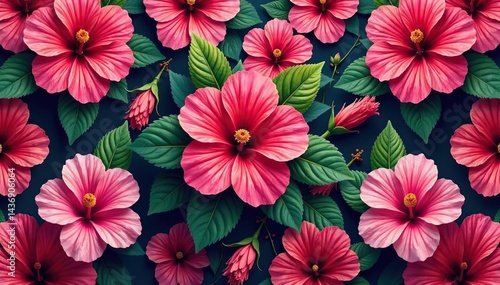 Intricate hibiscus blooms, vibrant colors, repeating pattern , plant, closeup