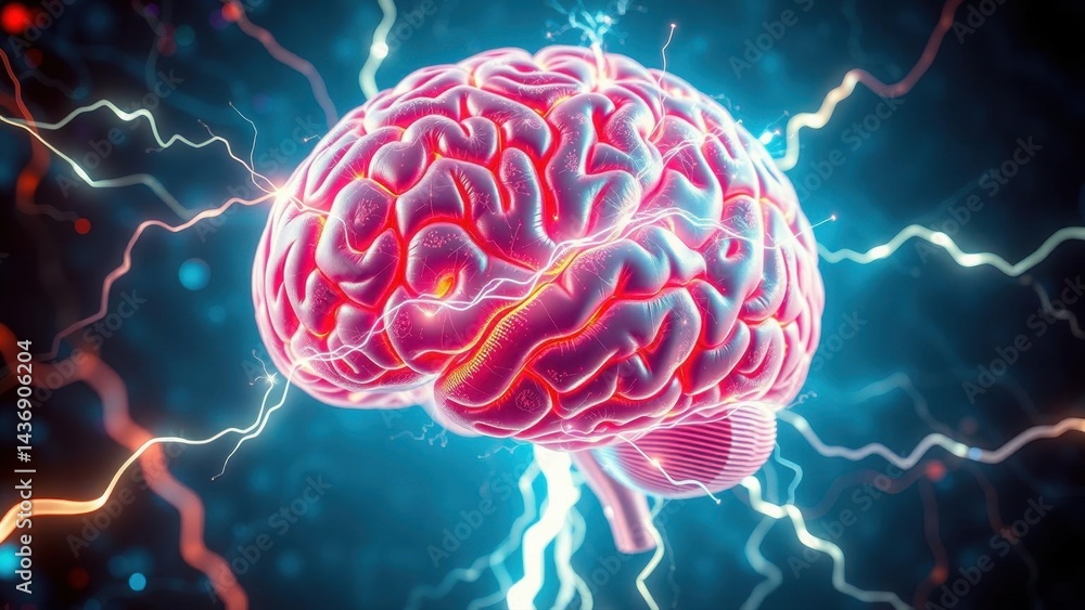 Fototapeta premium An artistic representation of a human brain surrounded by dynamic electric sparks, illustrating concepts such as creativity, intelligence, and neural activity.