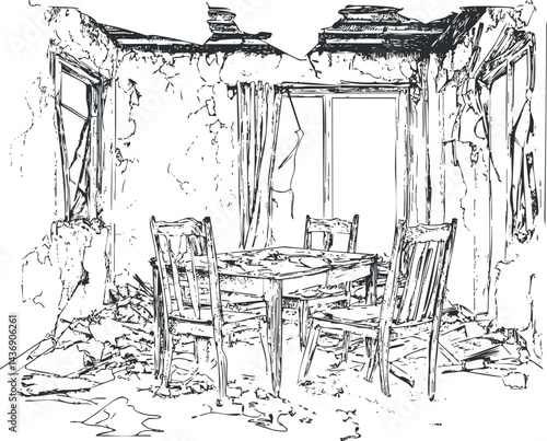 Black and white sketch of a ruined room interior with a damaged table and chairs surrounded by debris and broken walls.
