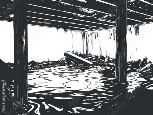 Black and white illustration of a flooded basement with water damage and debris inside a house.