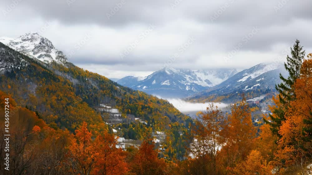 Autumn landscape with colorful foliage and snow-capped mountains Autumn landscape with colorful foliage and snow-capped mountains